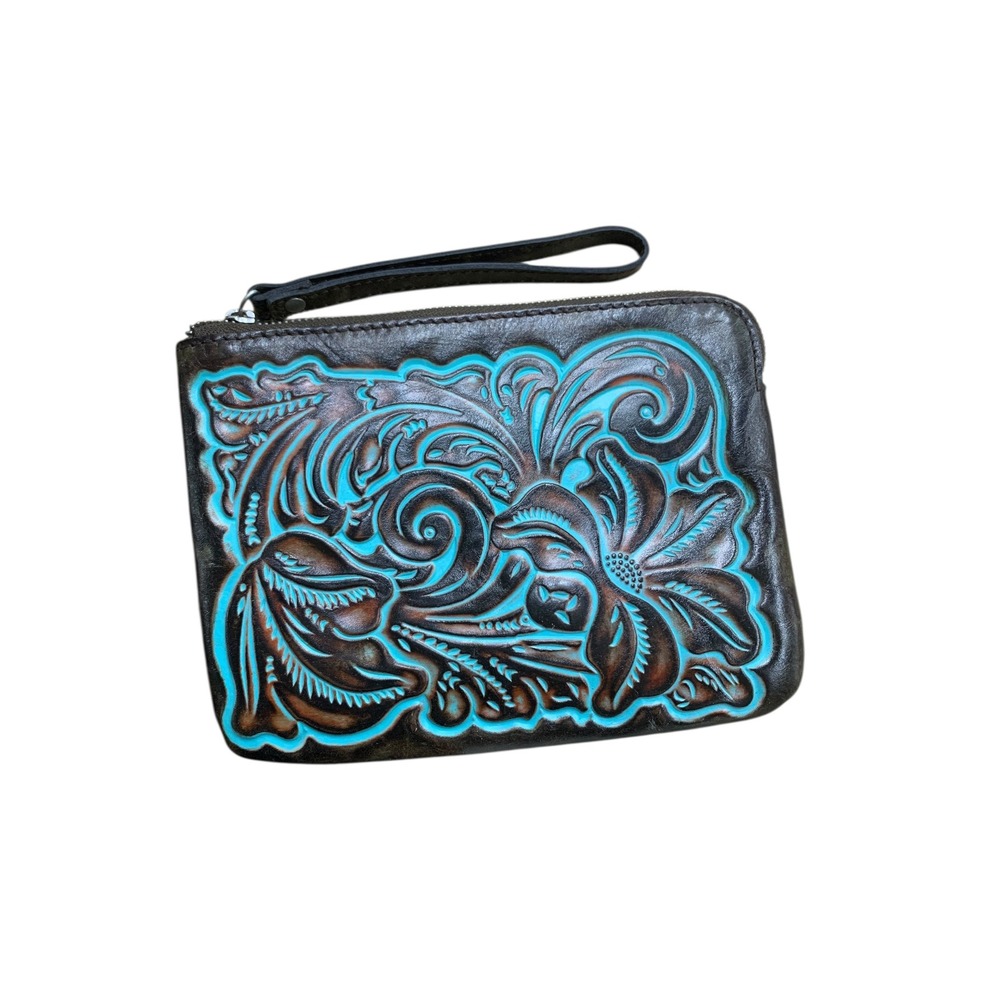 Patricia Nash Turquoise Floral Embossed Leather Wristlet Clutch Zip Wallet